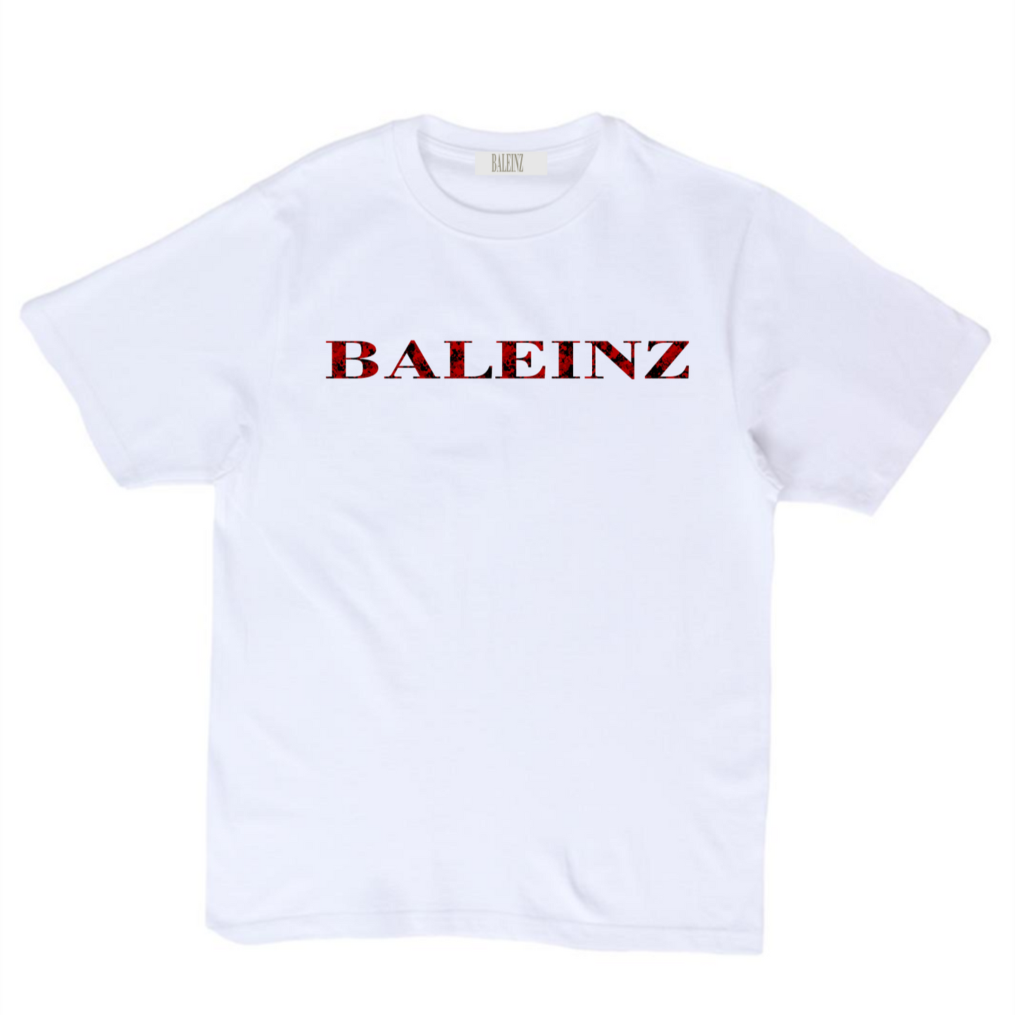 White t-shirt, signature logo, red and black camo